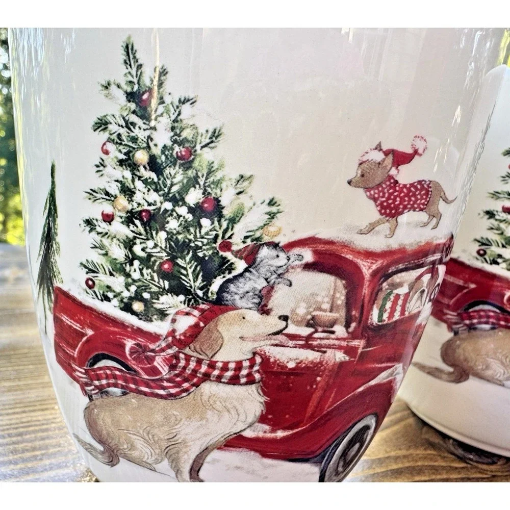 Pier 1 Winter Wonders Christmas Red Truck Dogs Cats‎ Mug Set 2 Ironstone